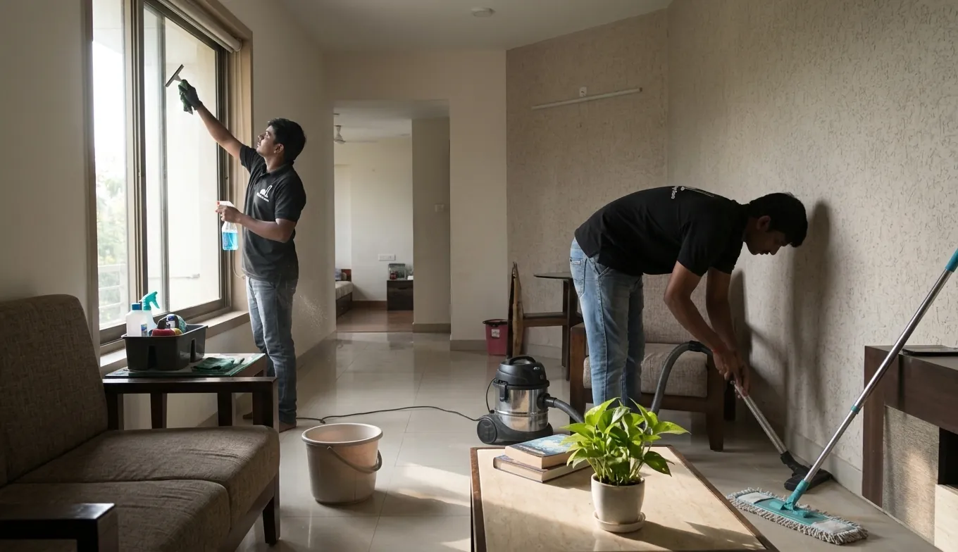 Spotles Solutions team performing full home deep cleaning in Hyderabad Spotles Solutions team performing full home deep cleaning in Hyderabad